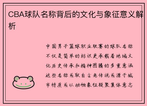 CBA球队名称背后的文化与象征意义解析
