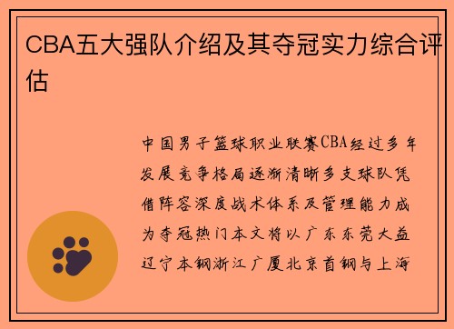 CBA五大强队介绍及其夺冠实力综合评估