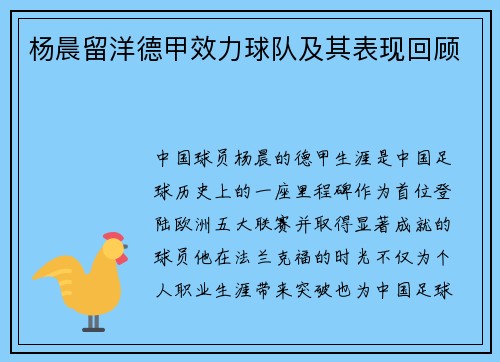 杨晨留洋德甲效力球队及其表现回顾